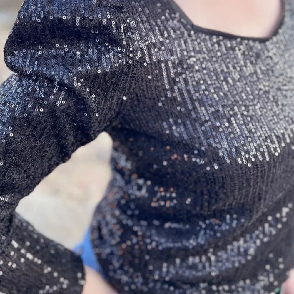 Western Bubble Bling Babe Sparkle Sequin Long Sleeve Black Top New - Picture 3 of 10
